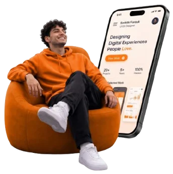 A person relaxing beside a phone showing a designed digital experience