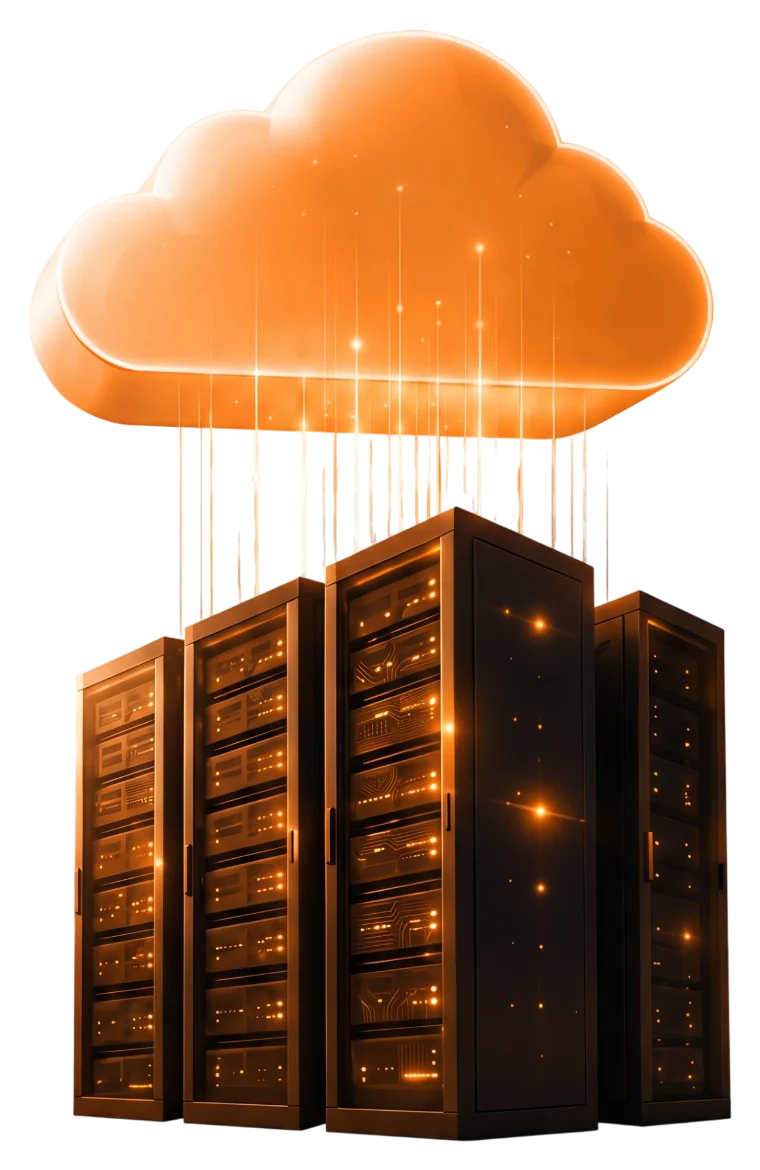 Server racks connected to a glowing cloud