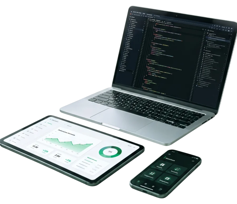 A laptop, tablet and phone running business software