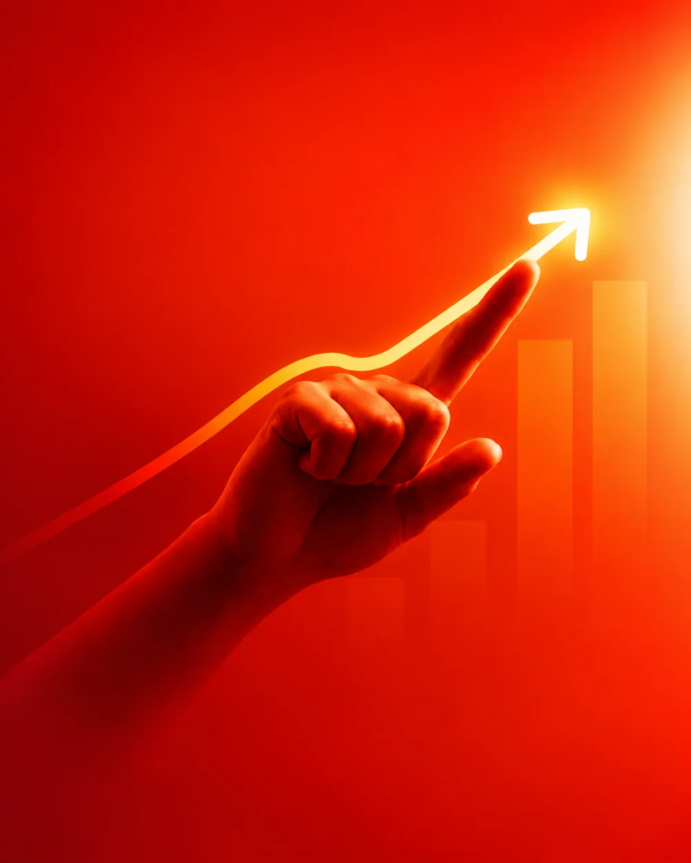 A hand tracing a glowing arrow rising above a bar chart