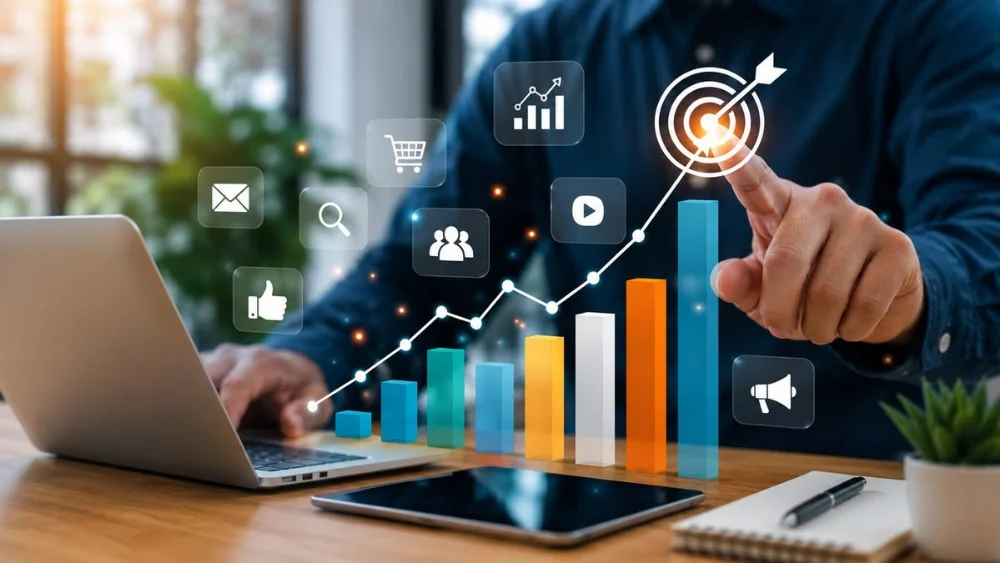 A person pointing at a target above a growing bar chart