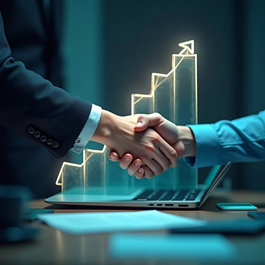 Two people shaking hands over a laptop and a rising chart